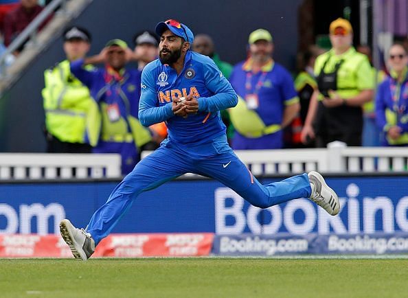 Ravindra Jadeja completes an excellent catch.