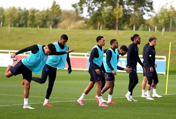 Jordan Sancho (far left) trains with the England squad