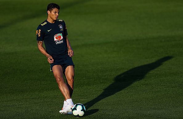 Thiago Silva, 34, pictured in training with Brazil ahead of this summer&#039;s Copa America tournament