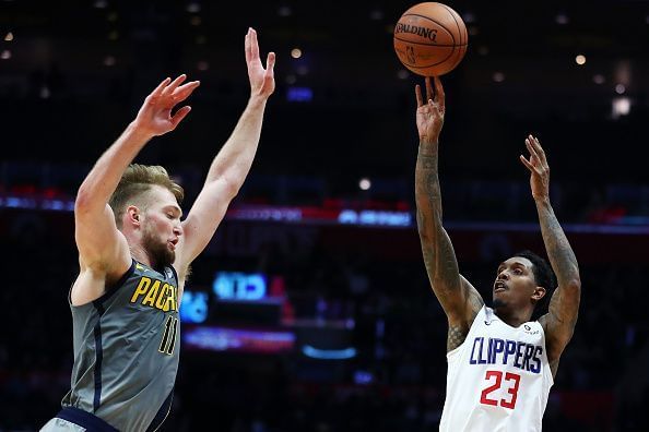 Williams shooting over Sabonis of the Indiana Pacers during a regular season encounter