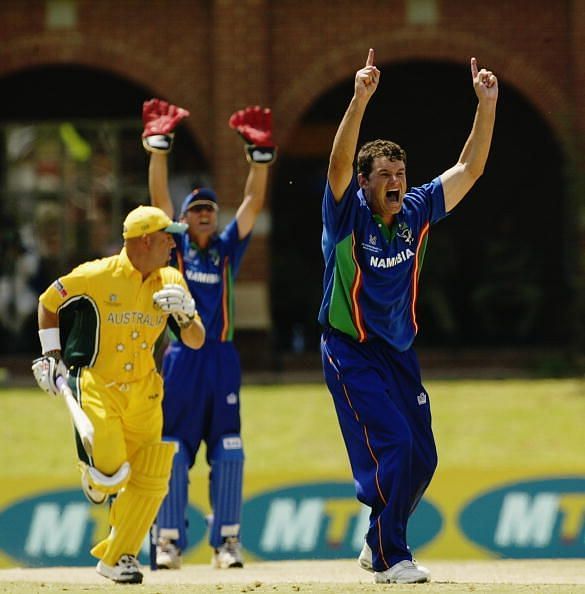 Rudi van Vuuren of Namibia appeals for the wicket of Darren Lehmann of Australia