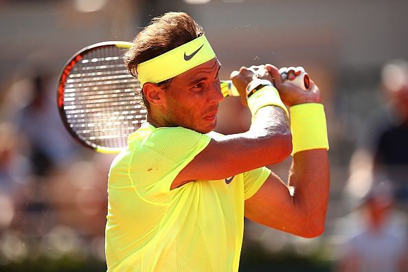 2019 French Open - Rafael Nadal in action in his Round of 16 clash