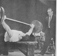 A young Bruno Sammartino attempting a massive bench press.