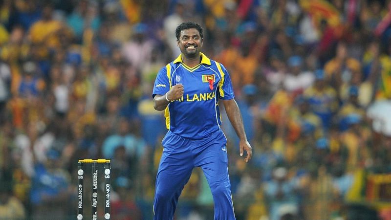 Muttiah Muralitharan after taking a wicket in the 2011 World Cup