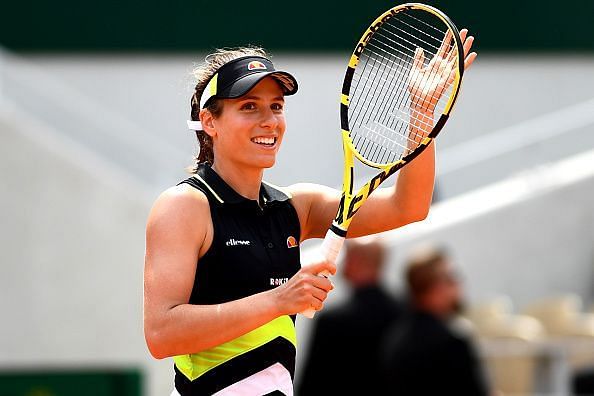 Konta celebrates after her latest win, taking her into the French Open semi-finals