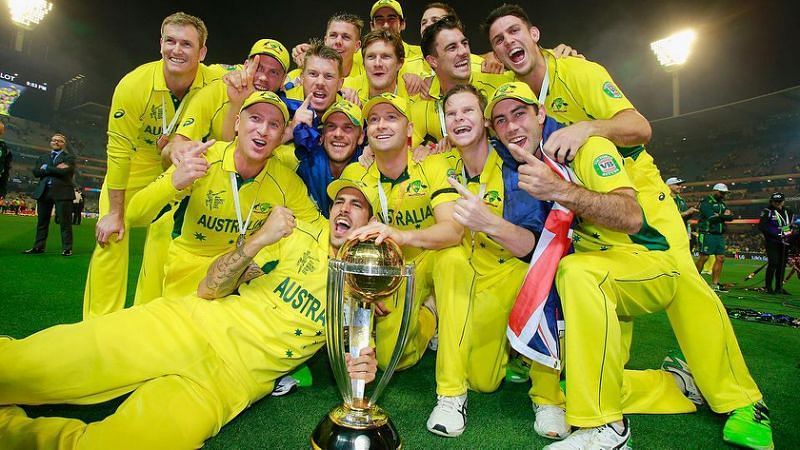 George Bailey and the Australian team posing with the World Cup trophy