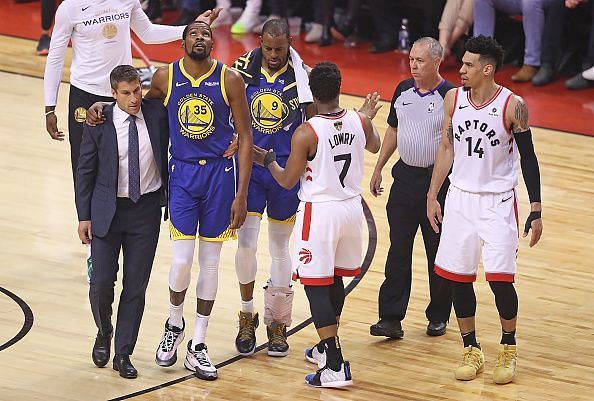 Kevin Durant went down with the injury during Game 5 of the NBA Finals