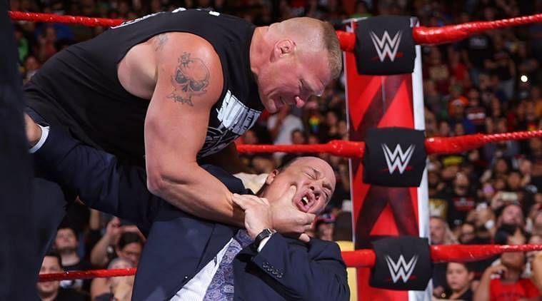 Brock Lesnar in a heated moment with his advocate Paul Heyman