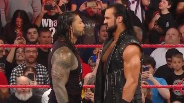 Roman Reigns and Drew McIntyre share an intense stare down on the road to Stomping Grounds