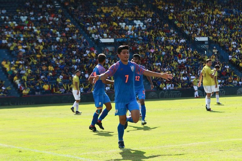 Thapa celebrates the goal