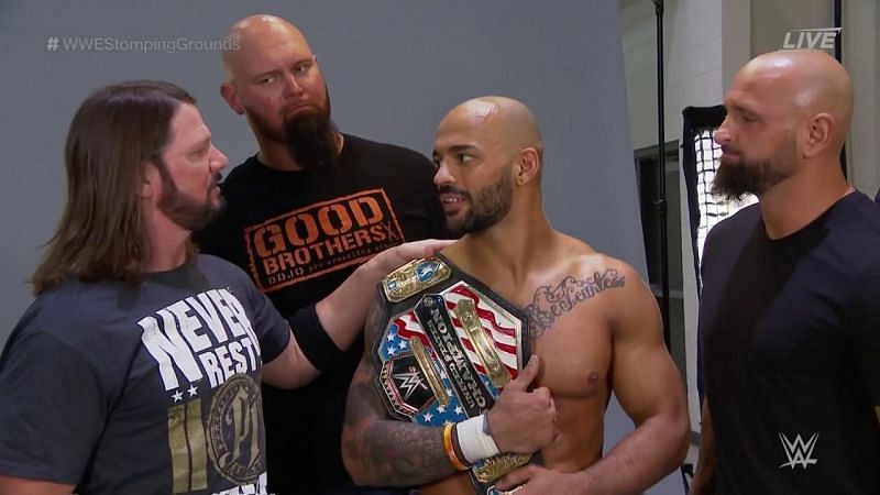 AJ Styles with Gallows and Anderson following Ricochet&#039;s victory over Samoa Joe for the United States title