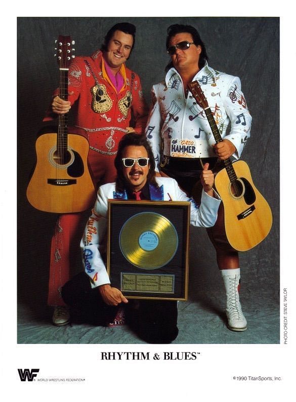 Honky Tonk Man and Greg Valentine with Jimmy Hart during the Rhythm and Blues era.