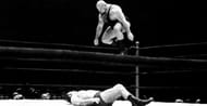 Ivan Koloff flies from the turnbuckle toward a dazed Sammartino.