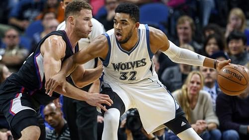 Timberwolves' Karl-Anthony Towns posting up Blake Griffin