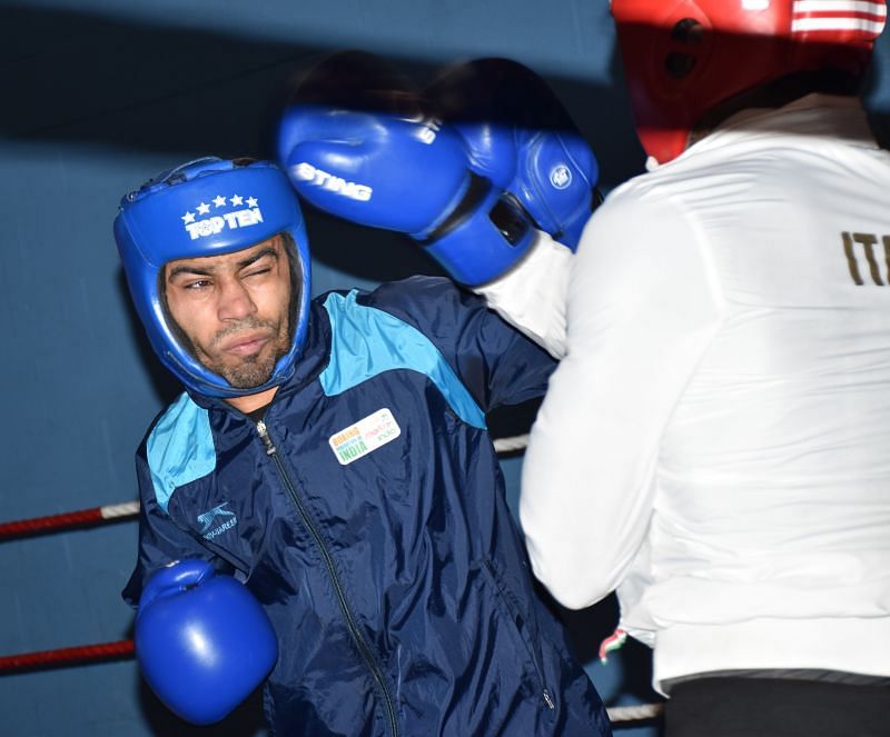 Amit Panghal in action against Italian boxer during the ongoing 7 Nationals Training and exposure camp in Belfast, Ireland.