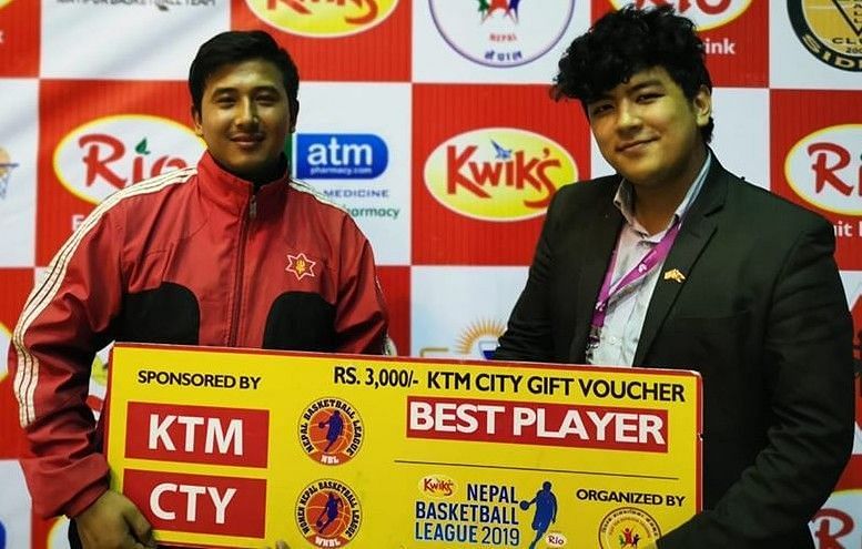 Ayush Singh (L) of Nepal Army Club was declared man of the match for the second time in the playoffs of the Nepal Basketball League 2019