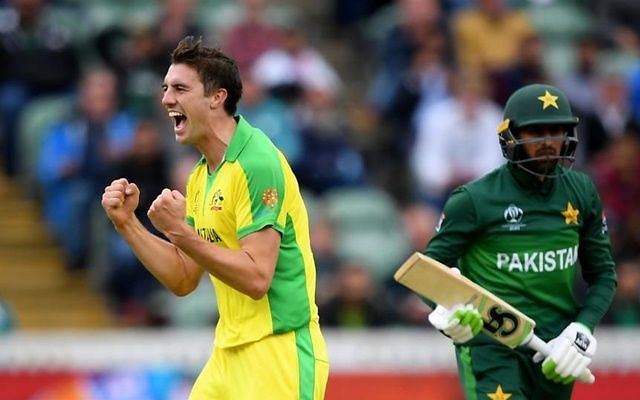 Pat Cummins celebrating the wicket of Shoaib Malik.