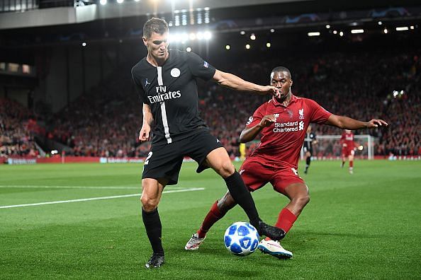 Meunier in action against Champions League winners Liverpool during their Group C fixture at Anfield