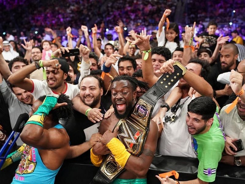 Kingston celebrates his win over Dolph Ziggler with the fans in Jeddah.