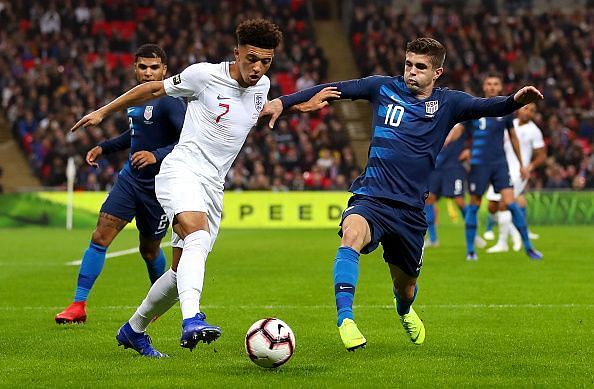 Sancho and Pulisic, club teammates, in action during England&#039;s friendly win over the United States