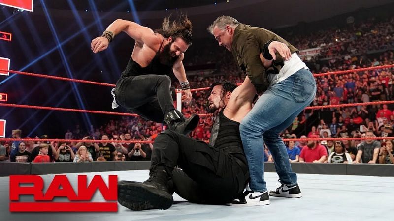 Drew McIntyre assisting Shane McMahon in this vicious attack on Roman Reigns from a recent episode of Monday Night RAW
