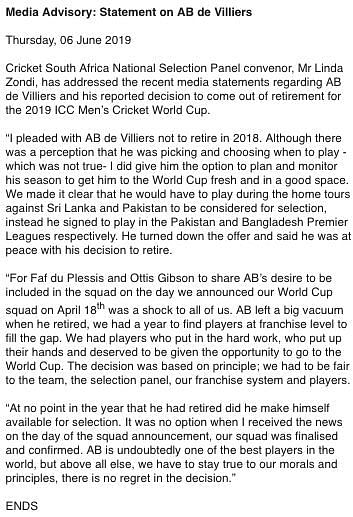 Statement on AB de Villiers, Image Courtesy - Twitter