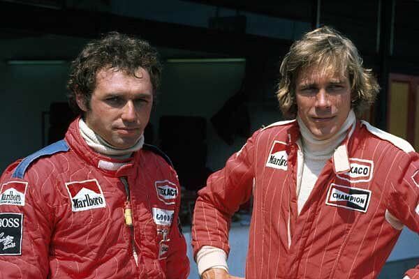 Jochen Mass (left) scored his solo Grand Prix win in Spain with McLaren