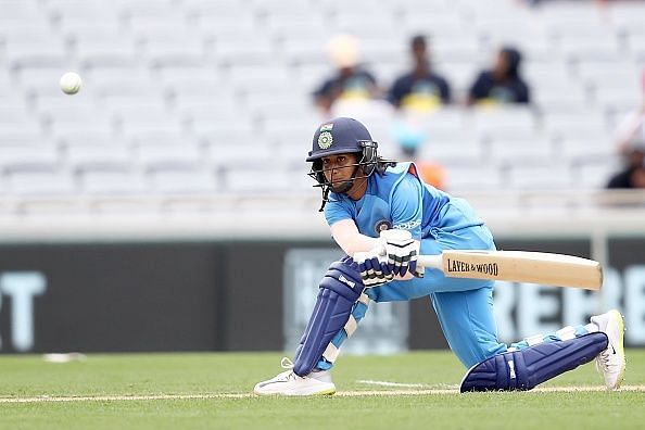 Jemimah Rodrigues executing a sweep shot against New Zealand