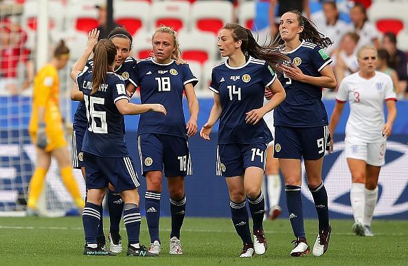 Claire Emslie scored for Scotland in the second half and got her side back into the game