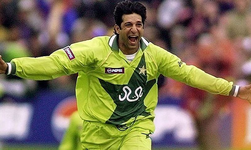 Wasim Akram celebrating after claiming a wicket in the 1999 Cricket World Cup.