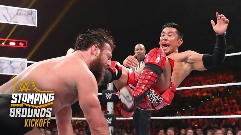 Akira Tozawa delivers a stiff Front Missile Dropkick to Drew Gulak during this epic Cruiserweight Championship match.