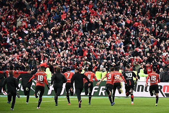 Stade Rennais celebrating their first trophy in 36 years last season