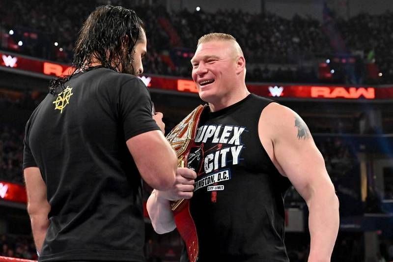 Seth Rollins and Brock Lesnar on RAW prior to WrestleMania 35