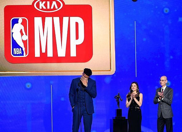 Giannis reacts after winning the NBA MVP accolade for a fantastic 2018/19 campaign with the Bucks