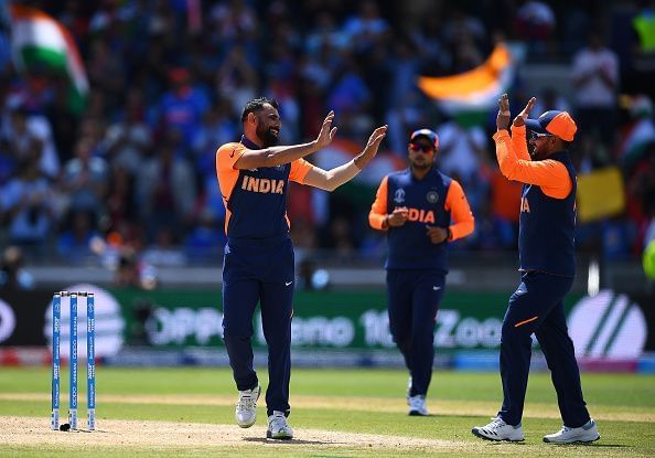 Shami celebrates after taking a wicket against England