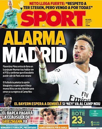 SPORT&#039;s front cover headlined Real Madrid&#039;s intentions of bringing in Neymar.