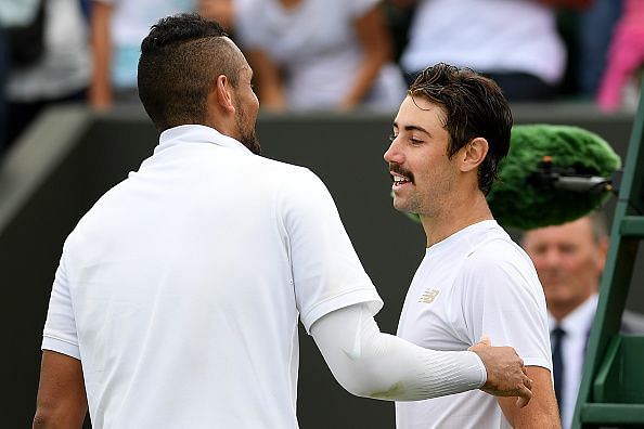 Nick Kyrgios won a thoroughly entertaining five-set match against fellow countryman Jordan Thompson.