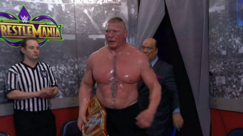 Brock Lesnar backstage at WrestleMania 34 right before his bust-up