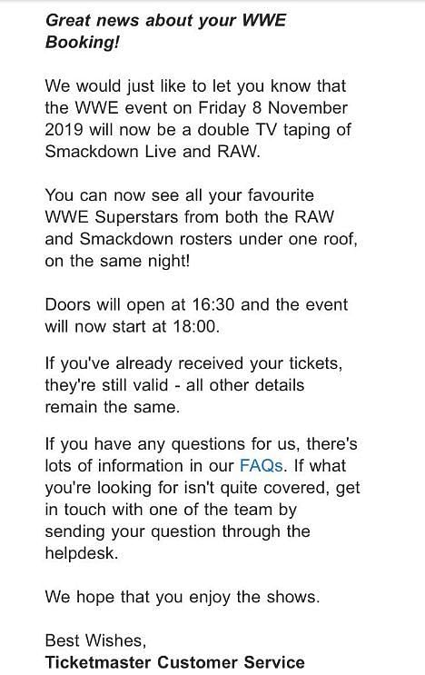Ticketmaster today emailed this to SmackDown Live attendees