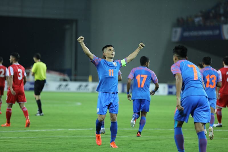 Sunil Chhetri celebrates after scoring a goal against Tajikistan