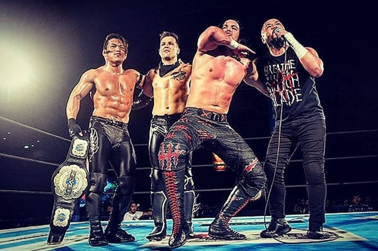Robbie Eagles (second from left) with Taiji Ishimori, Jay White, and Gedo in Bullet Club