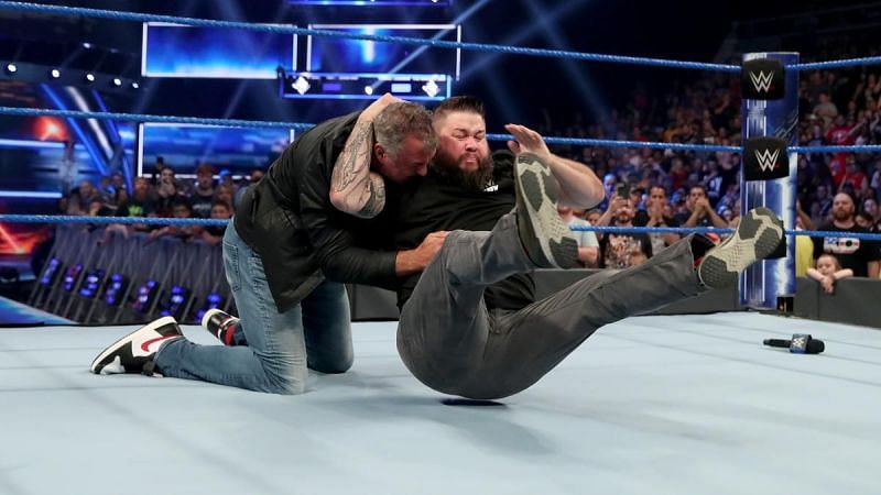 Kevin Owens using the Stunner on Shane McMahon