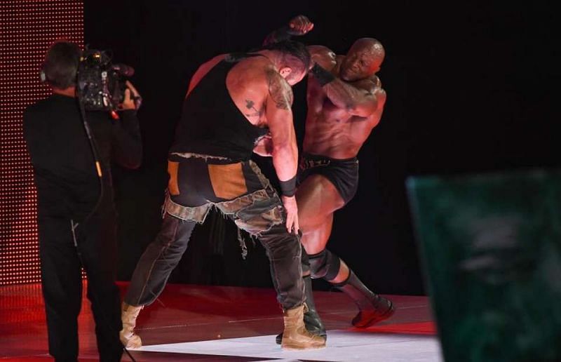 Braun Strowman and Bobby Lashley battle on the stage during RAW.