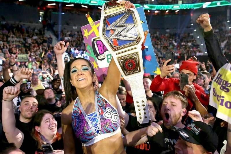 Bayley celebrating her championship victory with the WWE Universe at Money in the Bank.