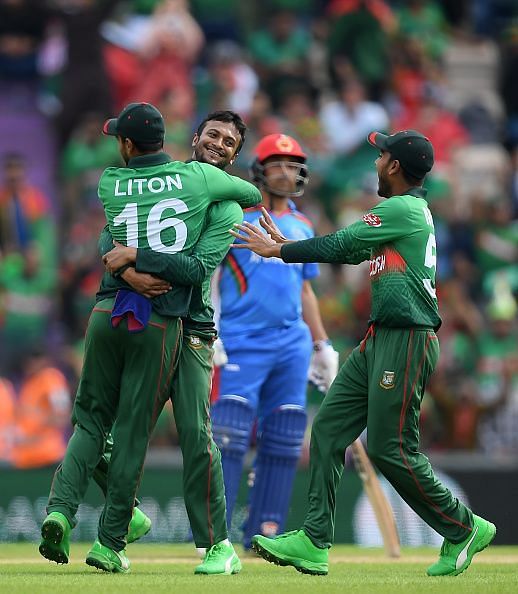 Bangladesh&#039;s players celebrating against Afghanistan at the ICC Cricket World Cup 2019