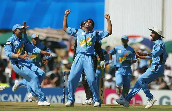 Zaheer Khan of India celebrates trapping Nathan Astle of New Zealand