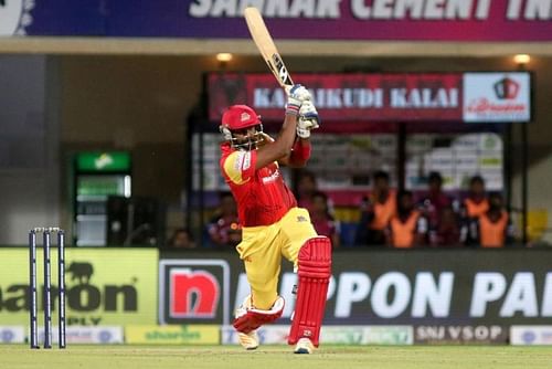 Rajagopal Sathish of VB Kanchi Veerans made a quickfire of 31 runs of 14Â balls and remained not out against iDream Karaikudi Kalai in Sankar Cement TNPL 2019 in NPR college cricket ground, Dindigul