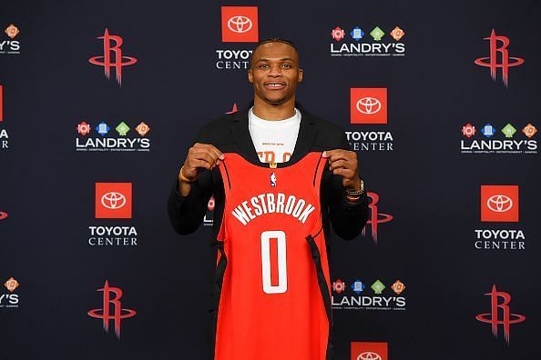 Russell Westbrook was presented to the NBA media following his trade from the Oklahoma City Thunder