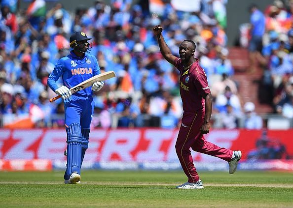 Vijay Shankar loses his wicket against the West Indies in the World Cup.