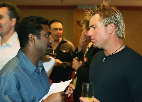 Shane Warne and Muttiah Muralitharan at the Tsunami Charity Match reception.